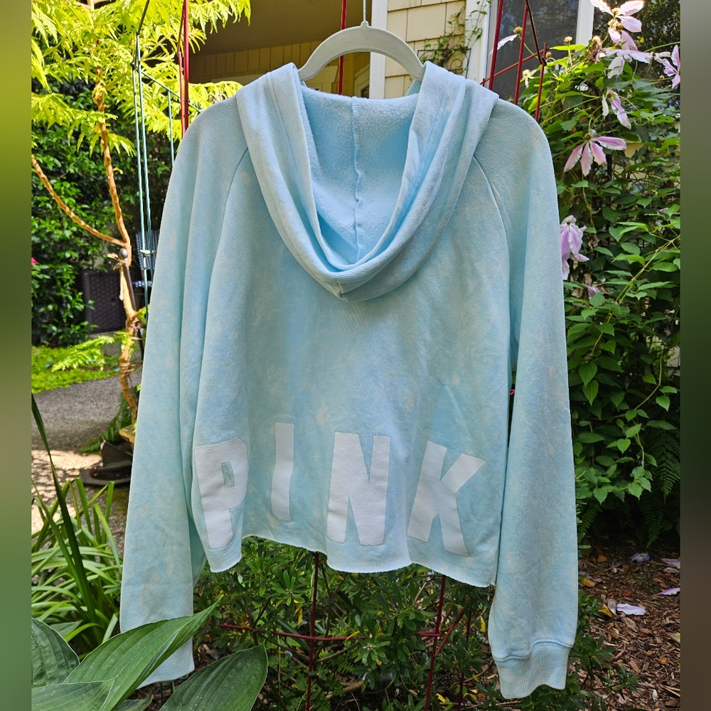 PINK Victoria's Secret Graphic Hoodie Sweatshirt LS Cropped Laced Blue Small EUC - Picture 10 of 12